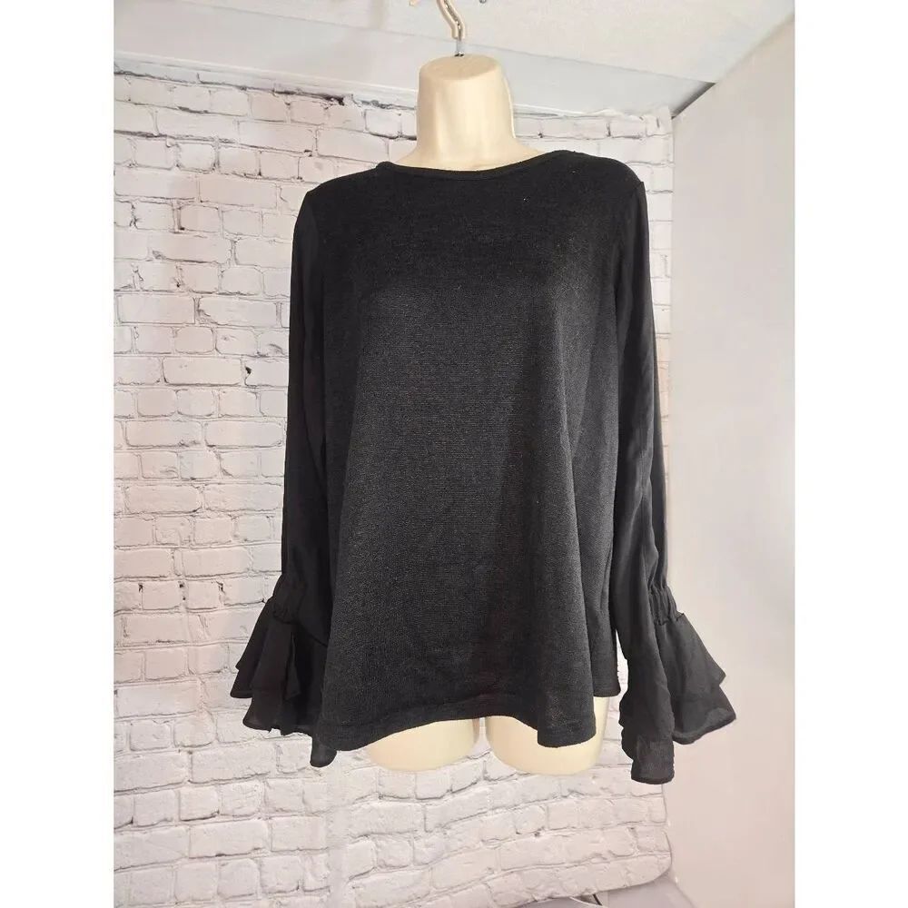 DG2 By Diane Gilman Women's Size Medium Black Lightweight Knit/Chiffon Blouse